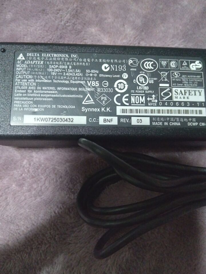 *Brand NEW*19V/3.42A AC Adapter Genuine Delta Electronics Round Barrel Model: SADP-65KB B Power Supp - Click Image to Close